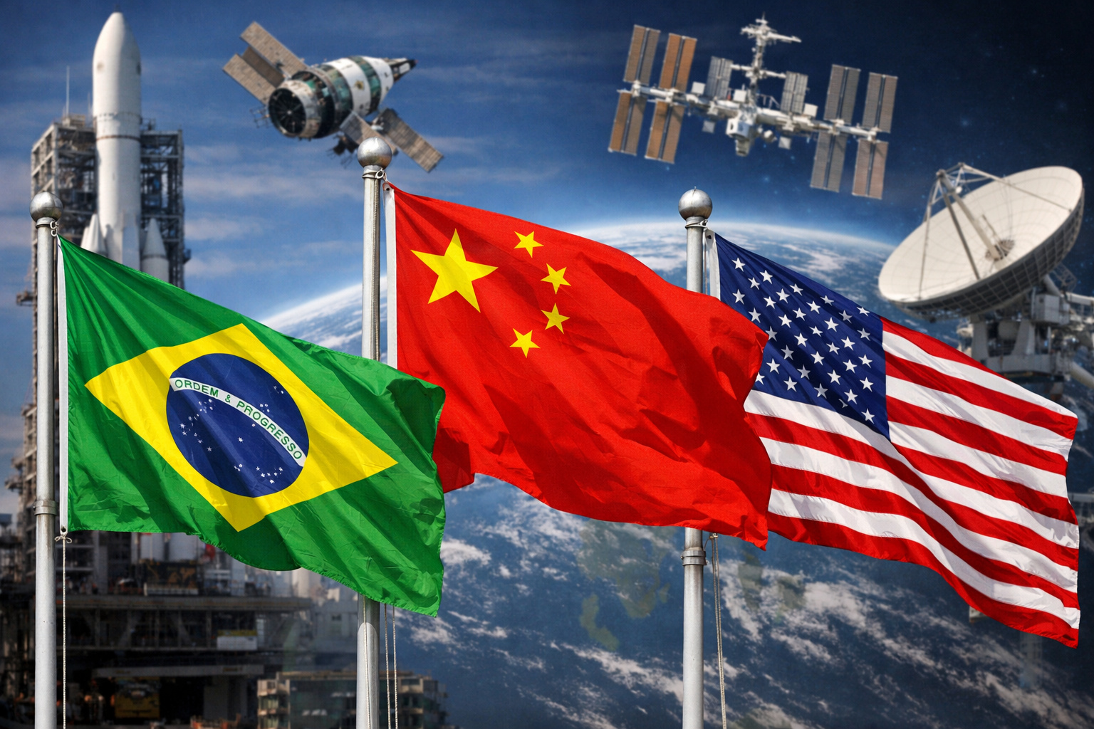 Bandeiras de Brasil, China e EUA com satélite ao fundo simbolizando disputa geopolítica