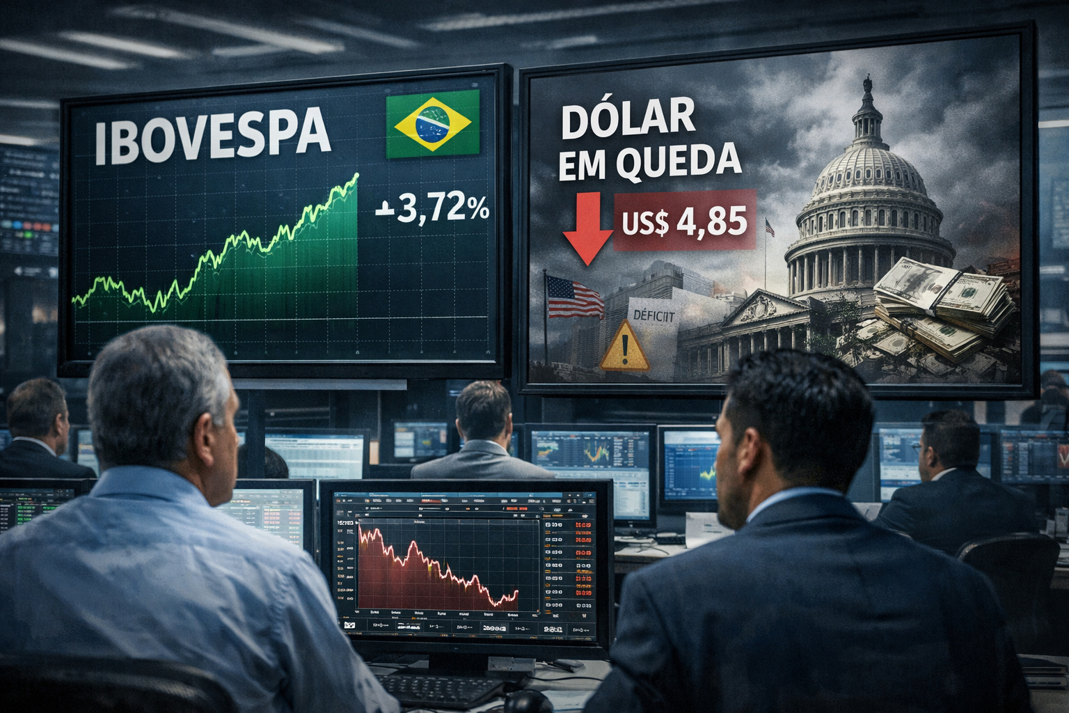 Gráfico da Bolsa brasileira em alta com símbolos de risco fiscal e incertezas nos EUA ao fundo.