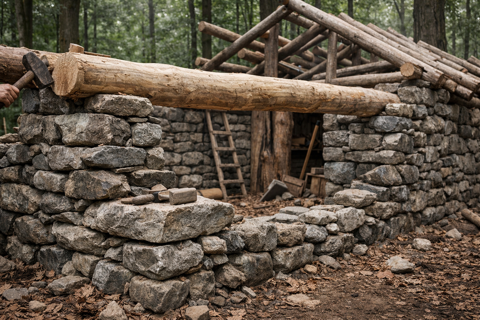 cabana rústica de pedras e troncos na floresta com engenharia primitiva e isolamento térmico natural