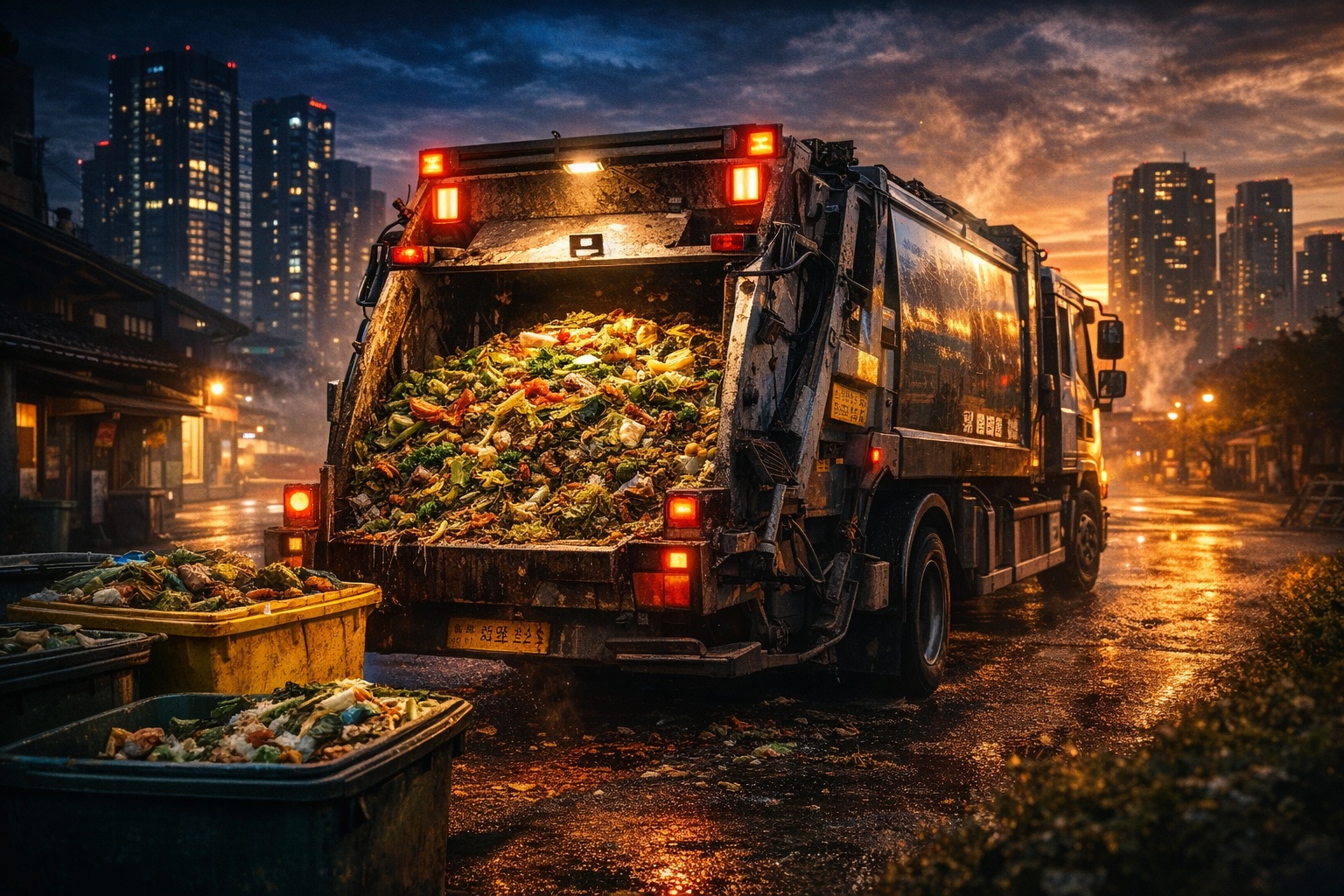 Antes do amanhecer em Seul, parte das mais de 5 milhões de toneladas de restos de comida geradas por ano na Coreia do Sul é recolhida e transformada em biogás e fertilizante, sustentando o país que recicla mais de 95% do lixo alimentar