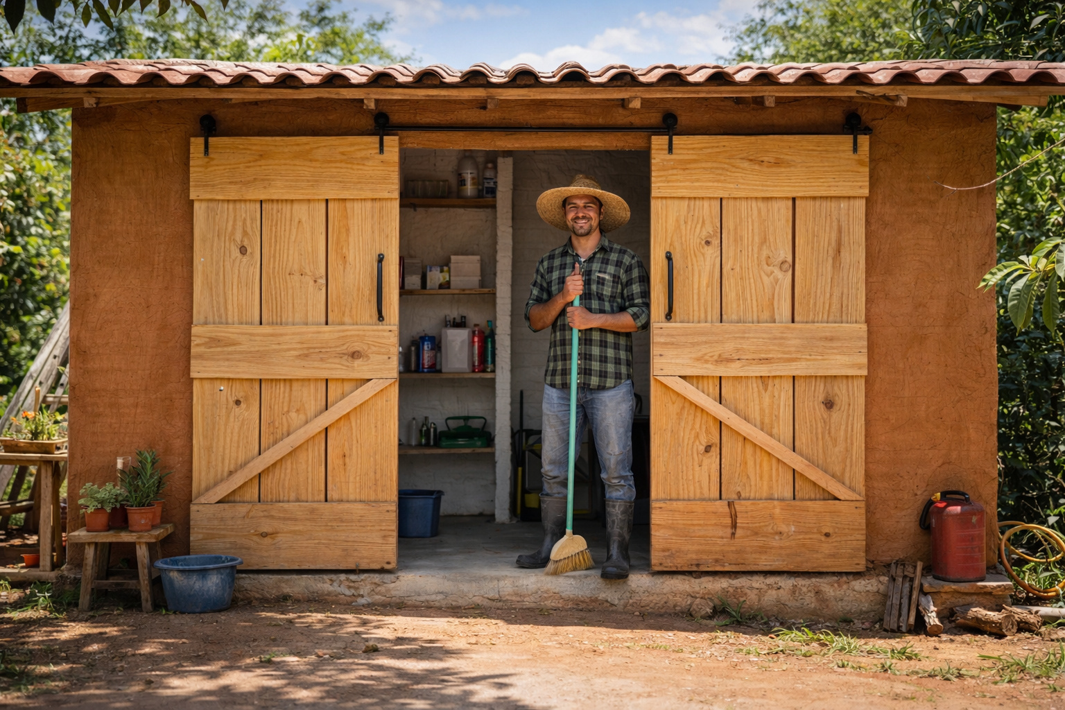 Casa rústica de 7 m² construída com materiais simples e baixo custo em área rural.