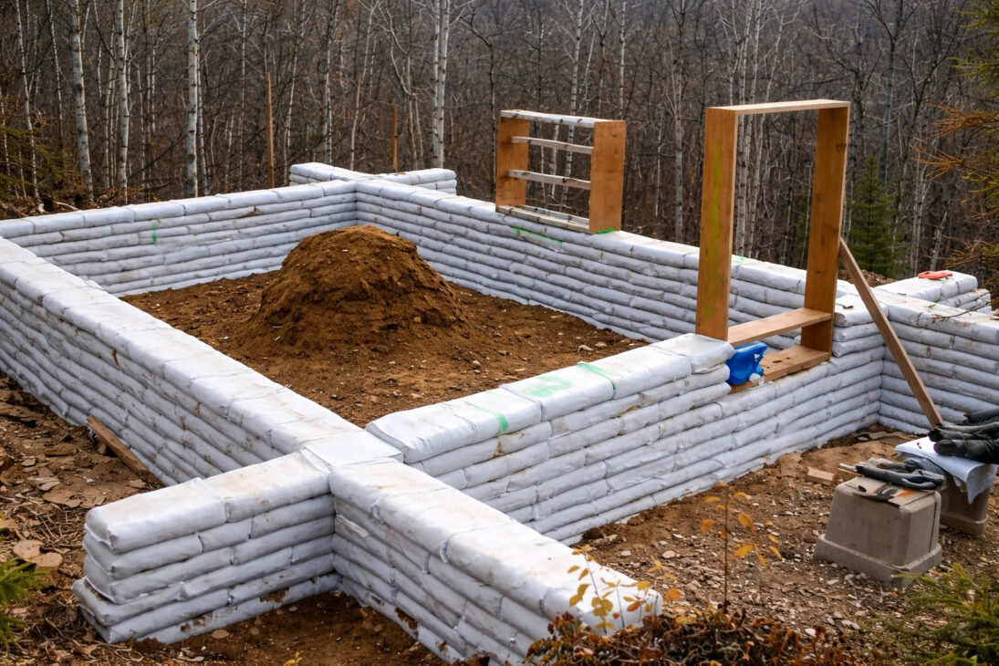 La familia construye casa de sacos de tierra con suelo del propio terreno usando madera, cuerdas y placas metálicas con método de ingeniería simple que desafía la construcción civil tradicional y llama la atención hacia obras sostenibles