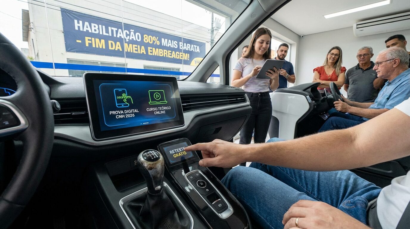 CNH 2026 corta meia embreagem e podendo até ser feita com carro automático no futuro, cria reteste grátis e promete habilitação até 80% mais barata com curso teórico digital e menos burocracia