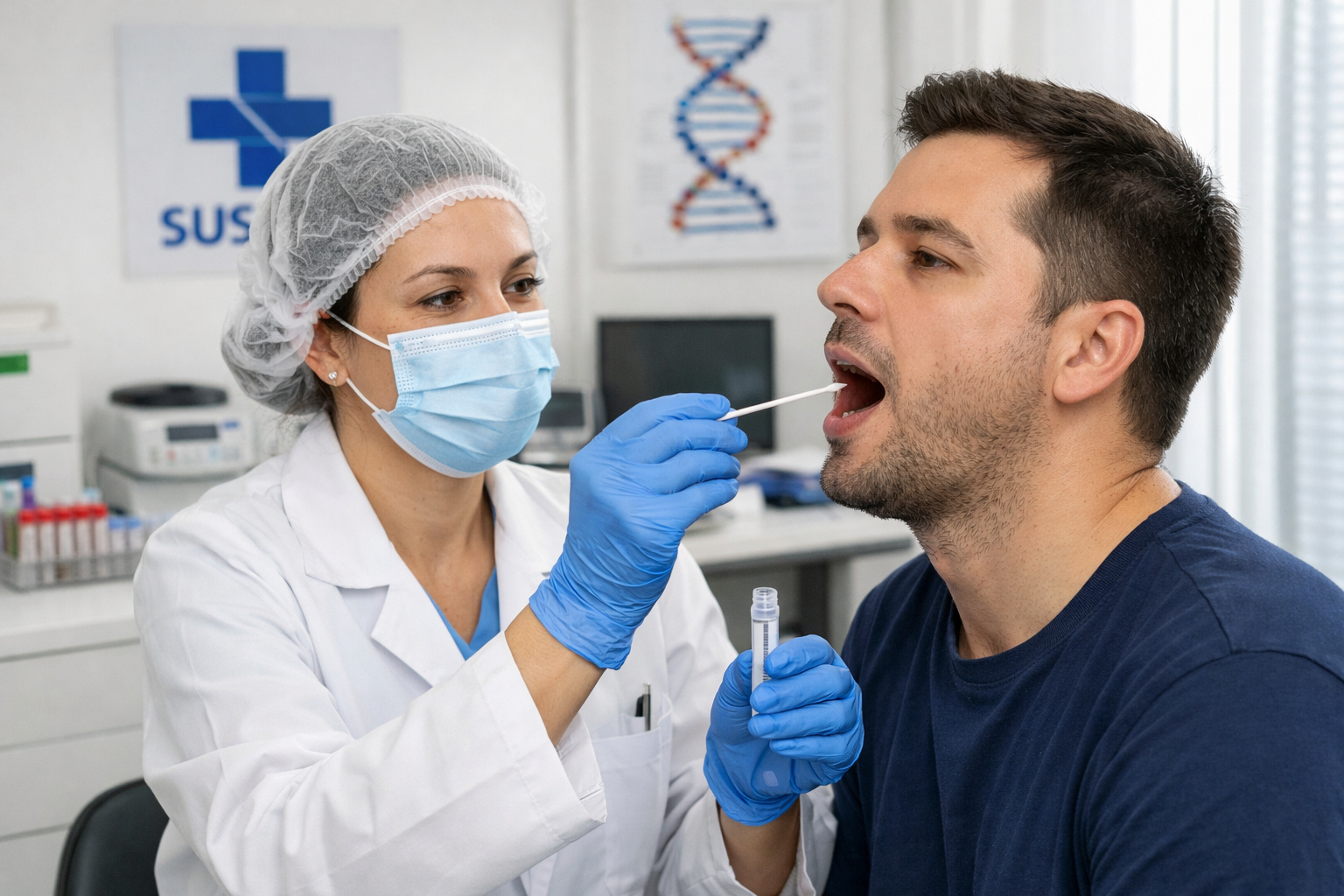 Coleta de material genético com cotonete para exame no SUS