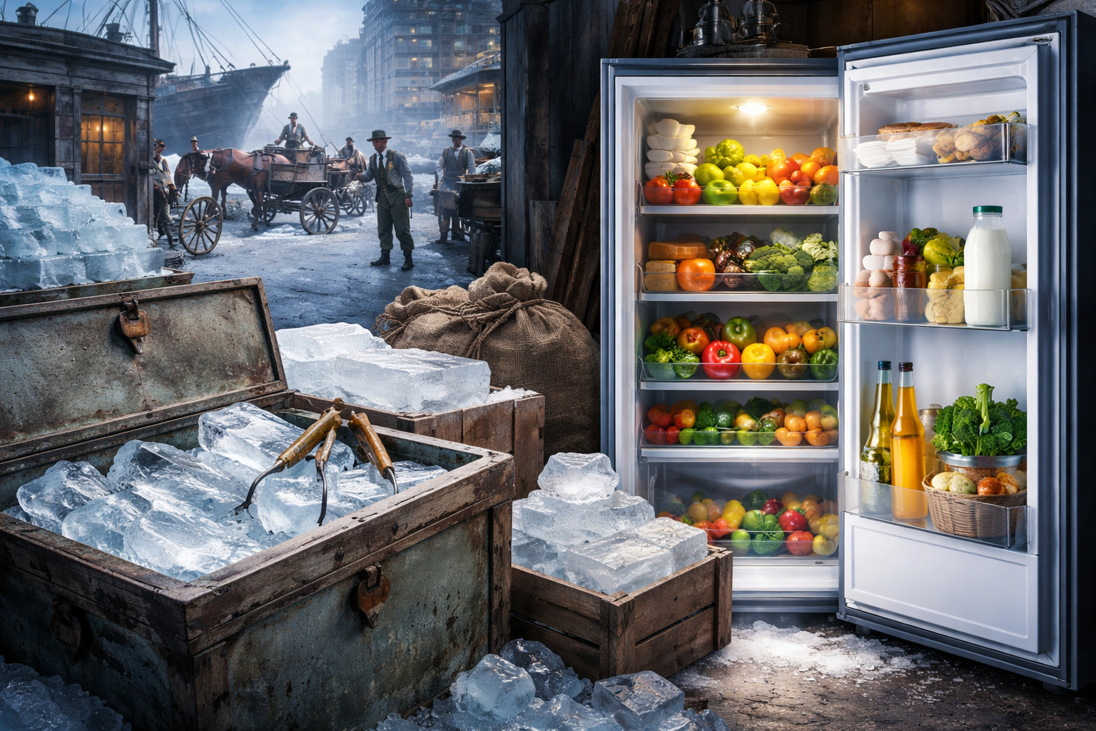 Transição do comércio de gelo natural no século XIX para a geladeira moderna, com blocos de gelo, trabalhadores em porto antigo e refrigerador doméstico cheio de alimentos frescos.