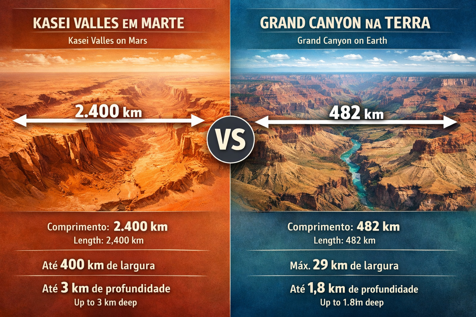 Comparação entre Kasei Valles e Grand Canyon mostrando diferença de tamanho