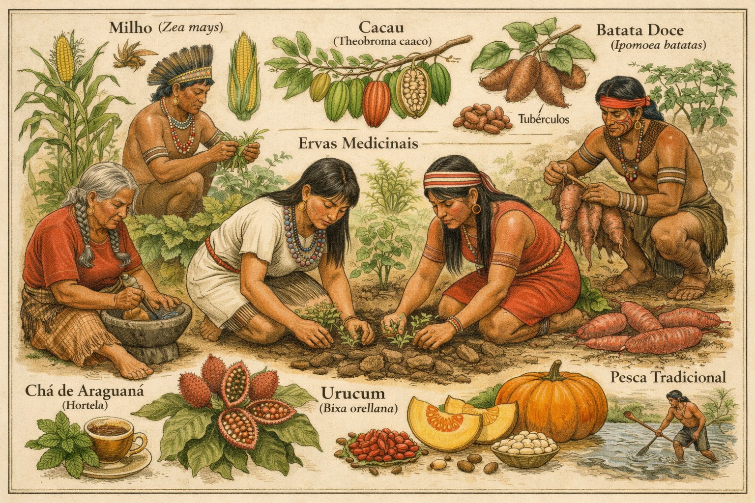 Povos indígenas cultivando alimentos tradicionais