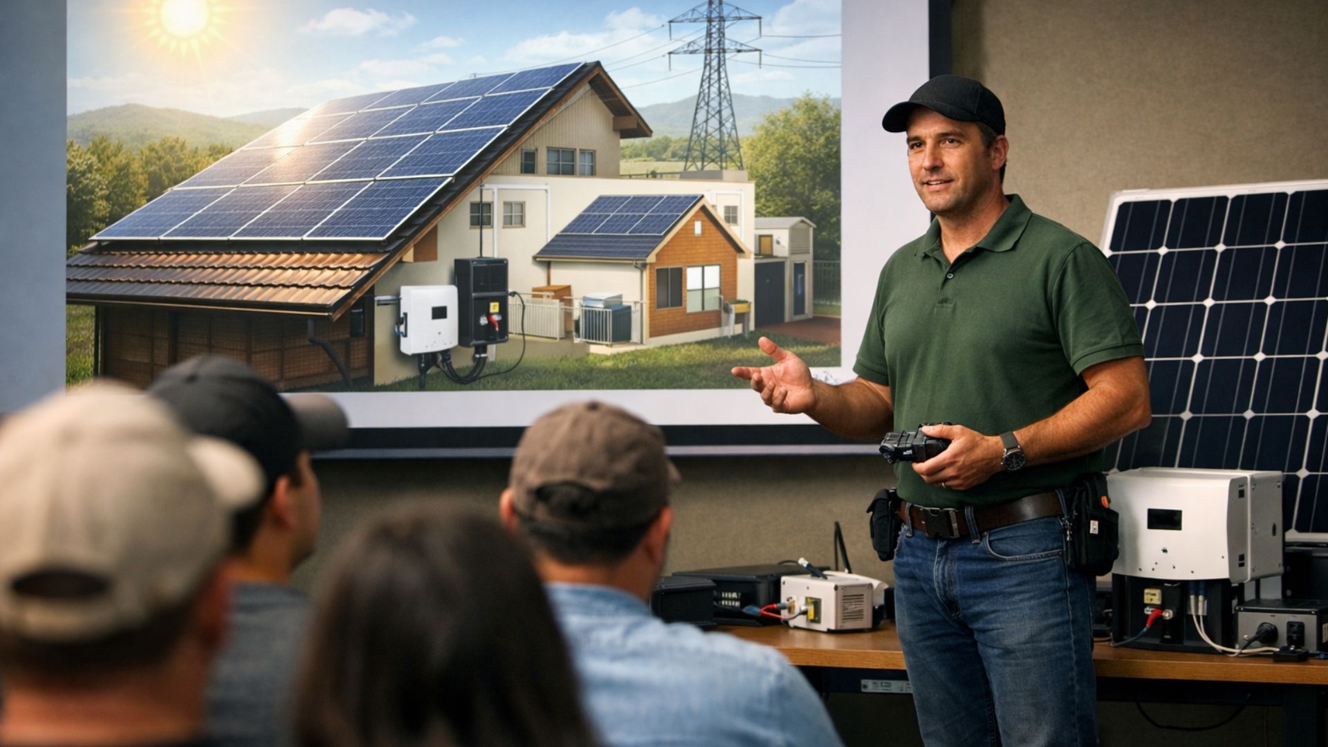 Instrutor apresenta aula prática de energia solar para alunos em sala, com projetor exibindo casa com painéis fotovoltaicos ao fundo.