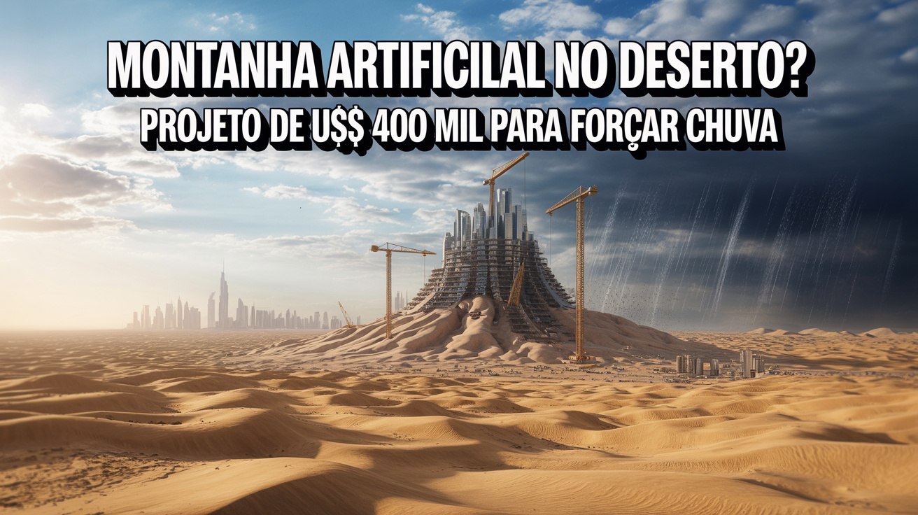 Com apenas 5 dias de chuva por ano e consumo de água 3 vezes acima da média mundial, os Emirados Árabes contrataram cientistas americanos por US$ 400 mil para estudar a viabilidade de construir uma montanha artificial no deserto capaz de redesenhar o clima do país e forçar precipitação onde nunca choveu