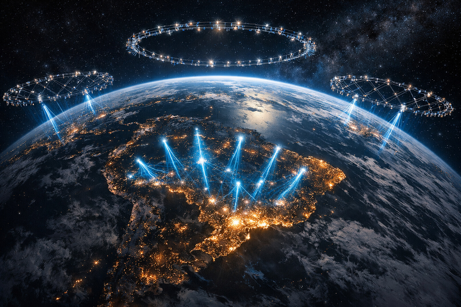 Satélites LEO sobre o Brasil representando disputa entre Starlink, Amazon e China.