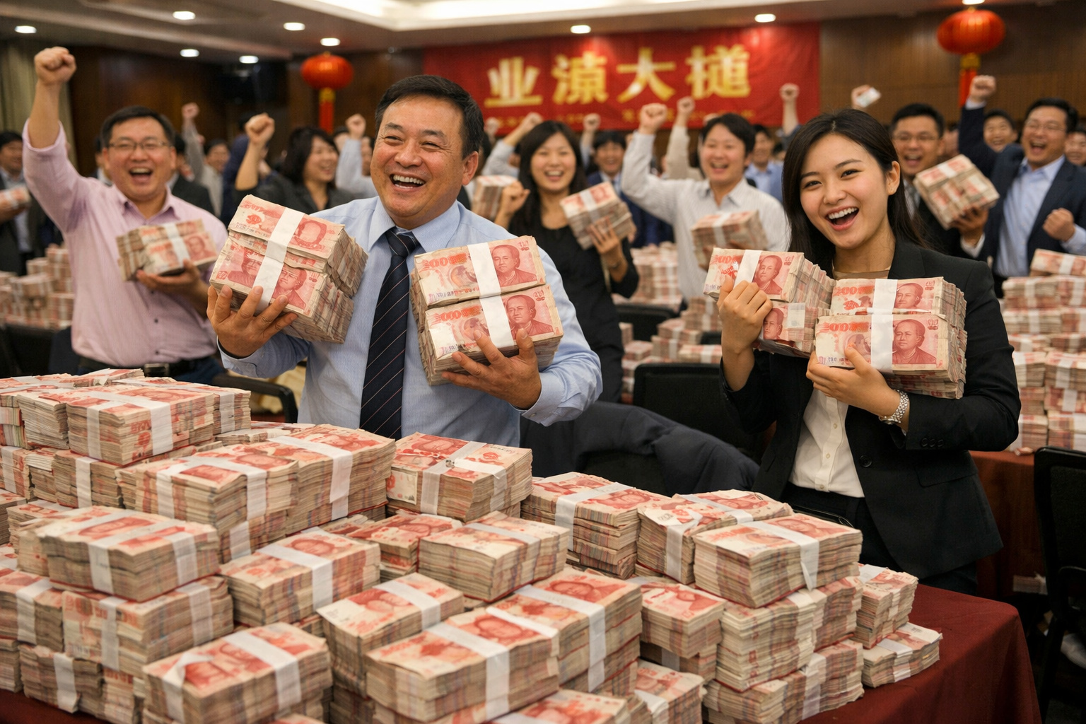 Funcionários chineses carregando pacotes de dinheiro em evento corporativo