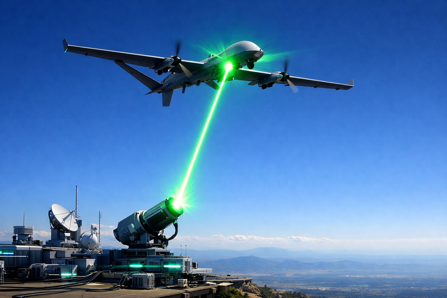 Drone recebendo transmissão de energia a laser em pleno voo