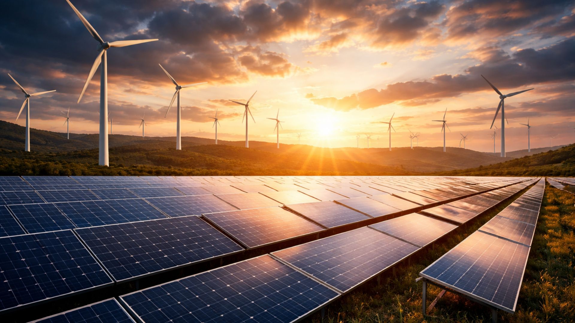 Usinas de energia renovável com painéis solares em primeiro plano e aerogeradores ao fundo durante o pôr do sol, cenário dramático