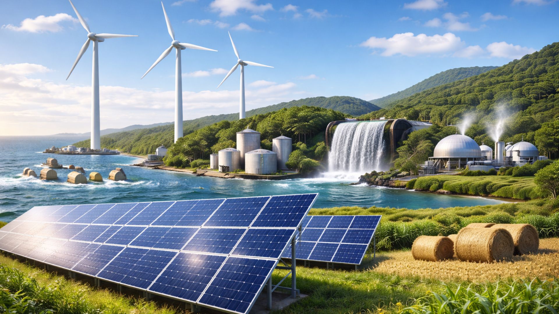 Painéis solares, turbinas eólicas, usina hidrelétrica e estruturas de bioenergia em uma paisagem natural verde representando fontes de energia limpa e sustentabilidade.