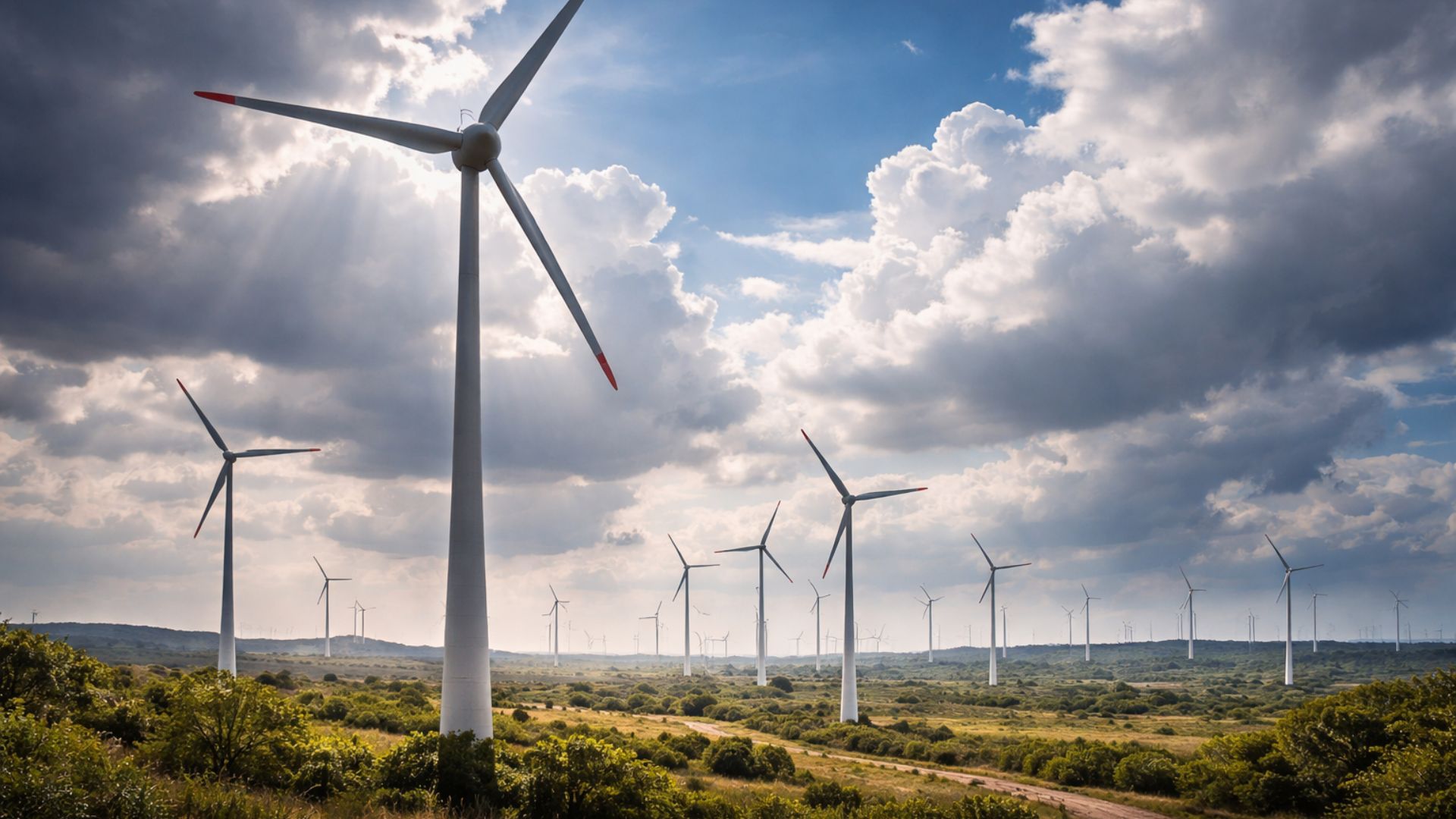 Parque eólico no Sertão da Paraíba com turbinas gerando energia renovável em área rural sob céu dramático com nuvens densas.