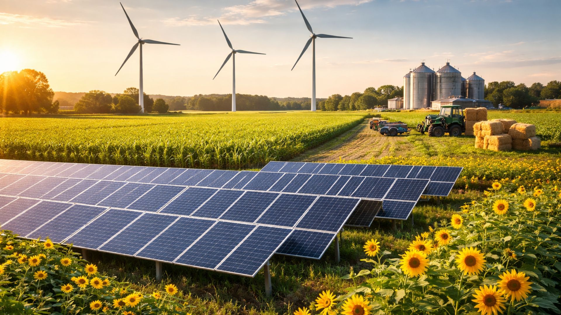 Painéis solares instalados em área rural ao lado de plantação agrícola, com turbinas eólicas ao fundo e silos de armazenamento, representando energia renovável no agronegócio.