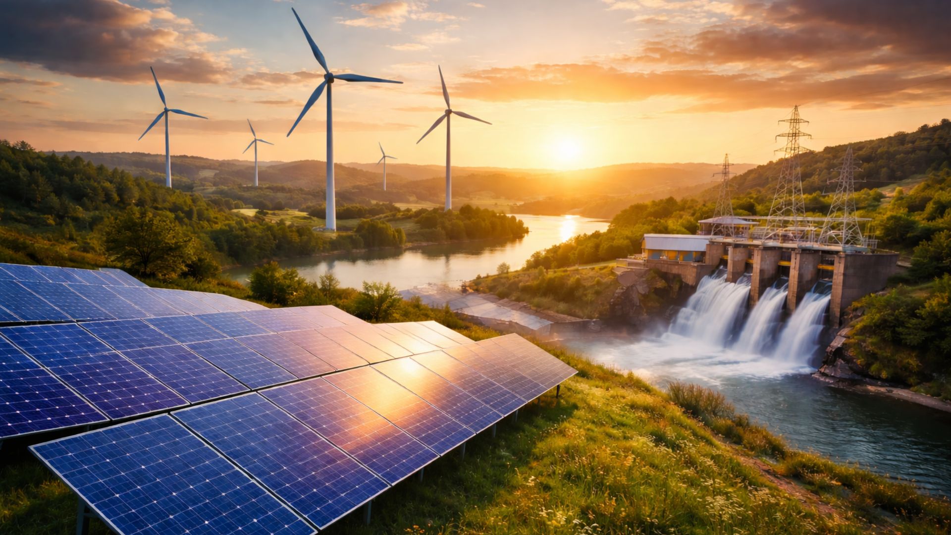 Painéis solares em primeiro plano com turbinas eólicas e usina hidrelétrica ao fundo durante o pôr do sol, representando geração de energia renovável.
