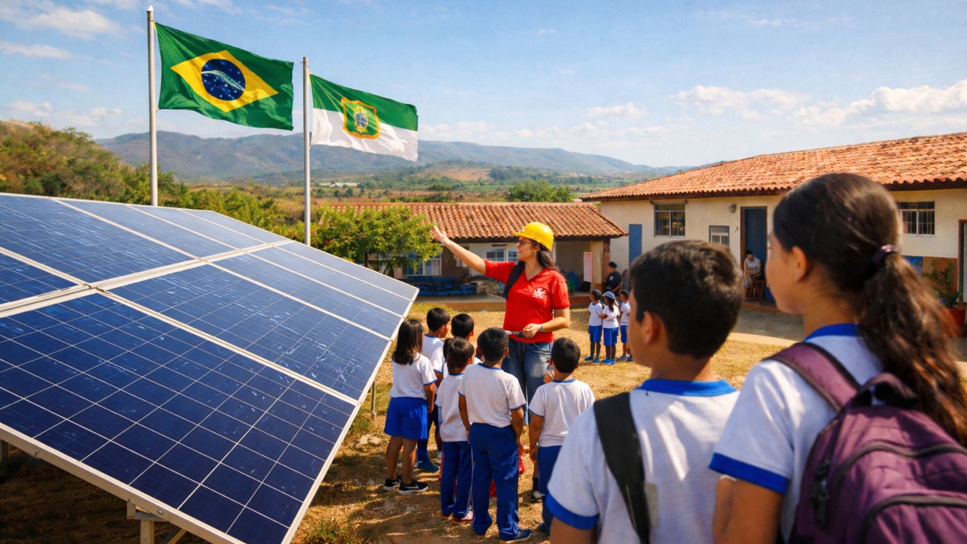 Instrutora apresenta sistema de energia solar para alunos em escola pública do Rio Grande do Norte com painéis fotovoltaicos instalados no pátio.