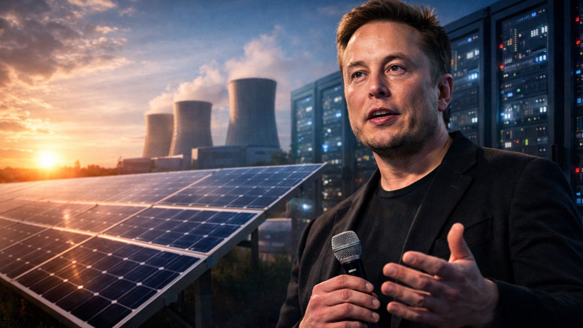 Elon Musk em apresentação com microfone diante de painéis solares e servidores de data center ao fundo, representando energia solar e tecnologia sustentável.