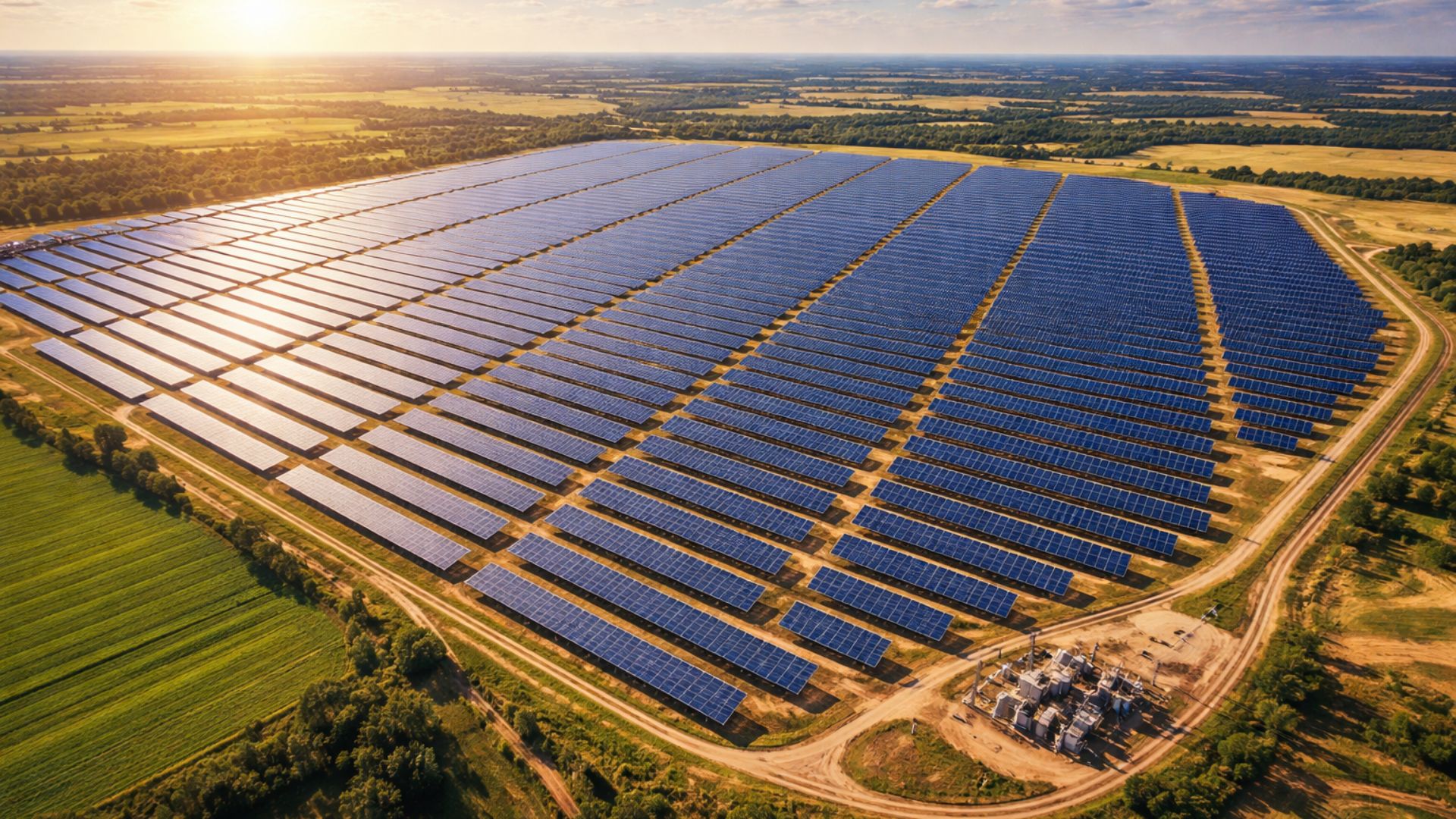 Vista aérea de grande usina solar com milhares de painéis fotovoltaicos instalados em área rural de Mato Grosso do Sul.