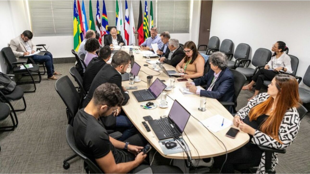 Reunión de representantes en sala de conferencias con banderas de estados al fondo discutiendo inversiones y proyectos de desarrollo regional.