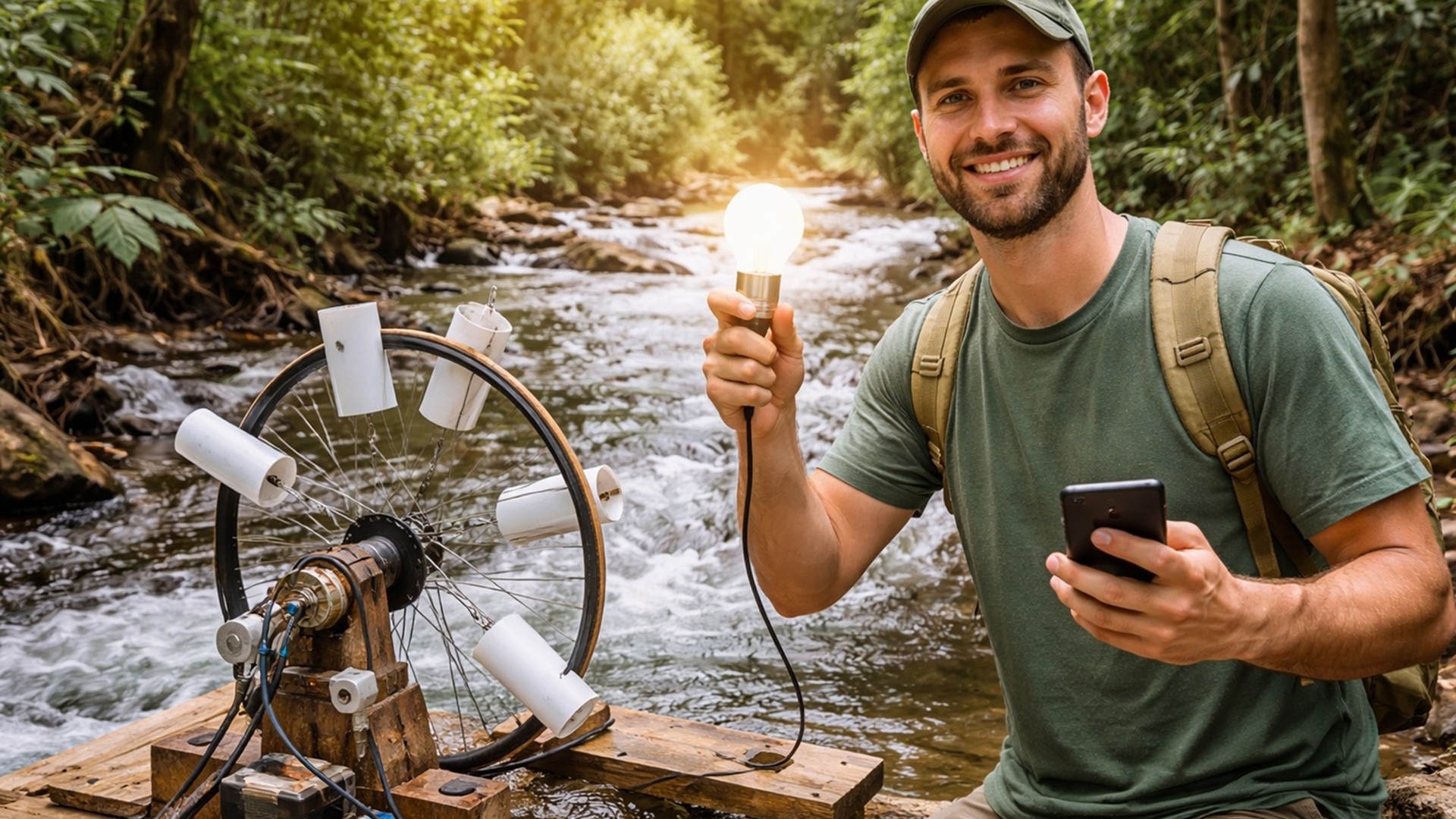 Preparador dos EUA ensina a gerar energia com água para enfrentar situações de emergência fora da rede elétrica.