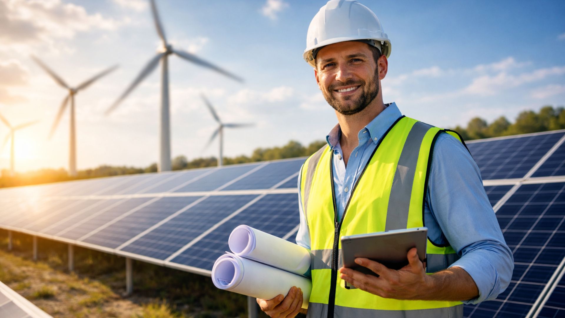 Engenheiro de projetos de energia renovável em parque solar com turbinas eólicas ao fundo e pás desfocadas indicando movimento