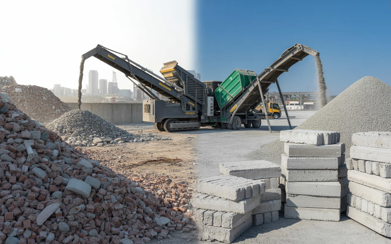 Entulho de demolições deixa de ser lixo, passa por britagem controlada e vira novos blocos, brita e base de pavimentação, revelando como milhões de toneladas de resíduos da construção civil estão sendo recicladas para erguer cidades inteiras novamente