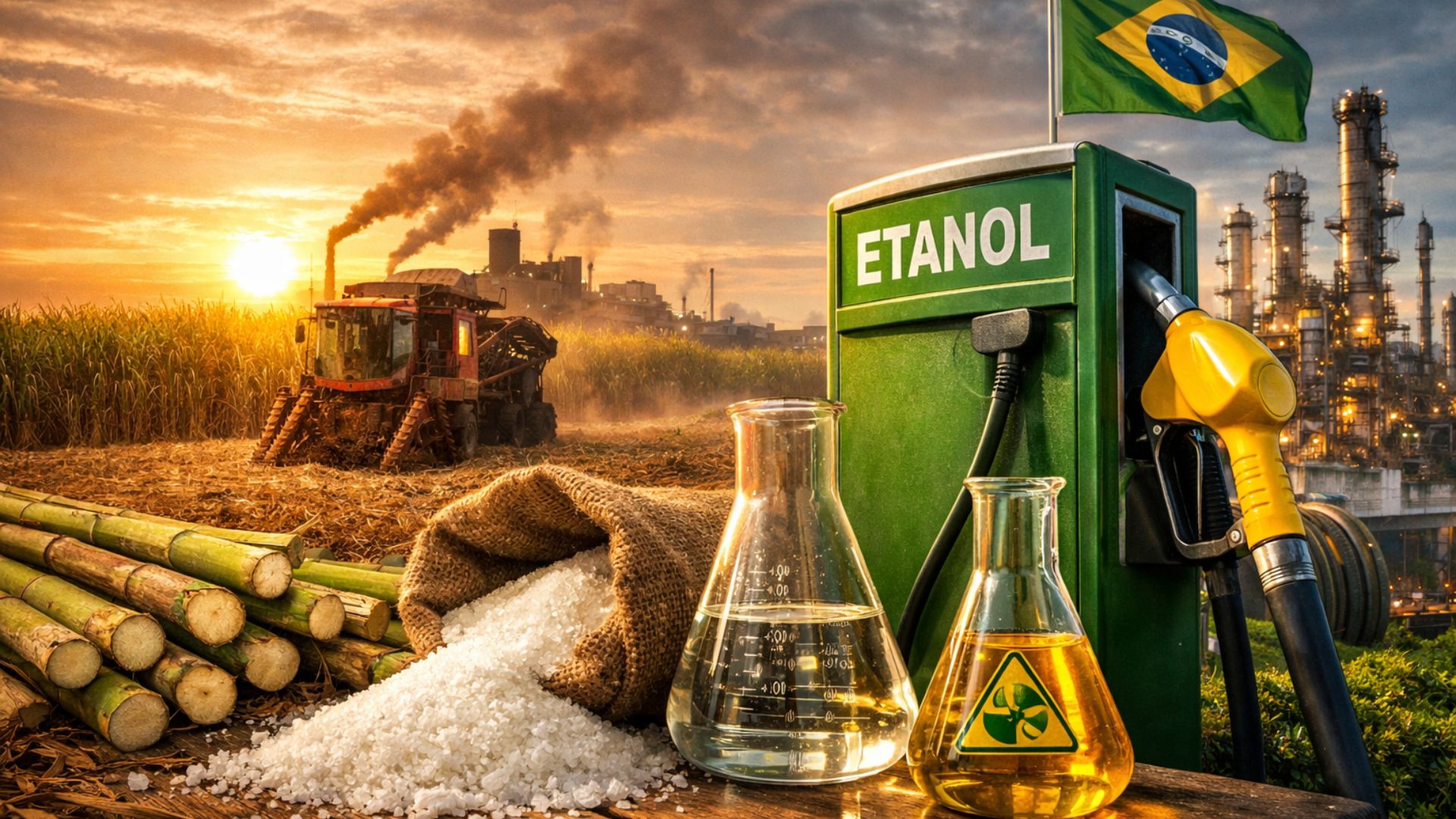 Plantação de cana-de-açúcar com colheitadeira ao fundo e bomba de etanol em destaque simbolizam a mudança do mix produtivo entre açúcar e biocombustível no Brasil.