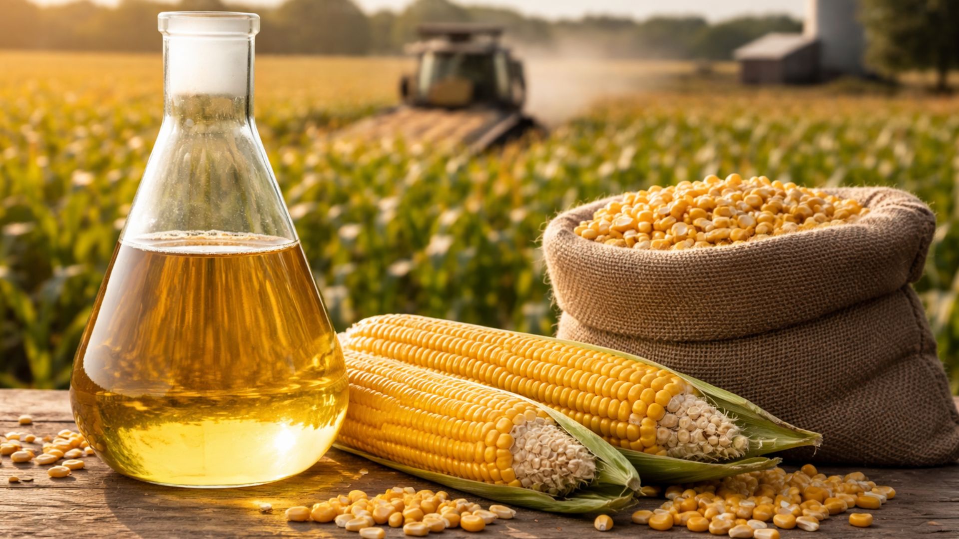 Frasco de etanol ao lado de espigas e grãos de milho sobre mesa rústica, com plantação rural desfocada ao fundo.