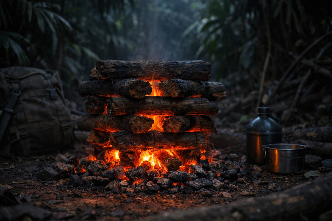Fogata sin humo construida con técnica usada por fuerzas especiales en ambiente de selva.