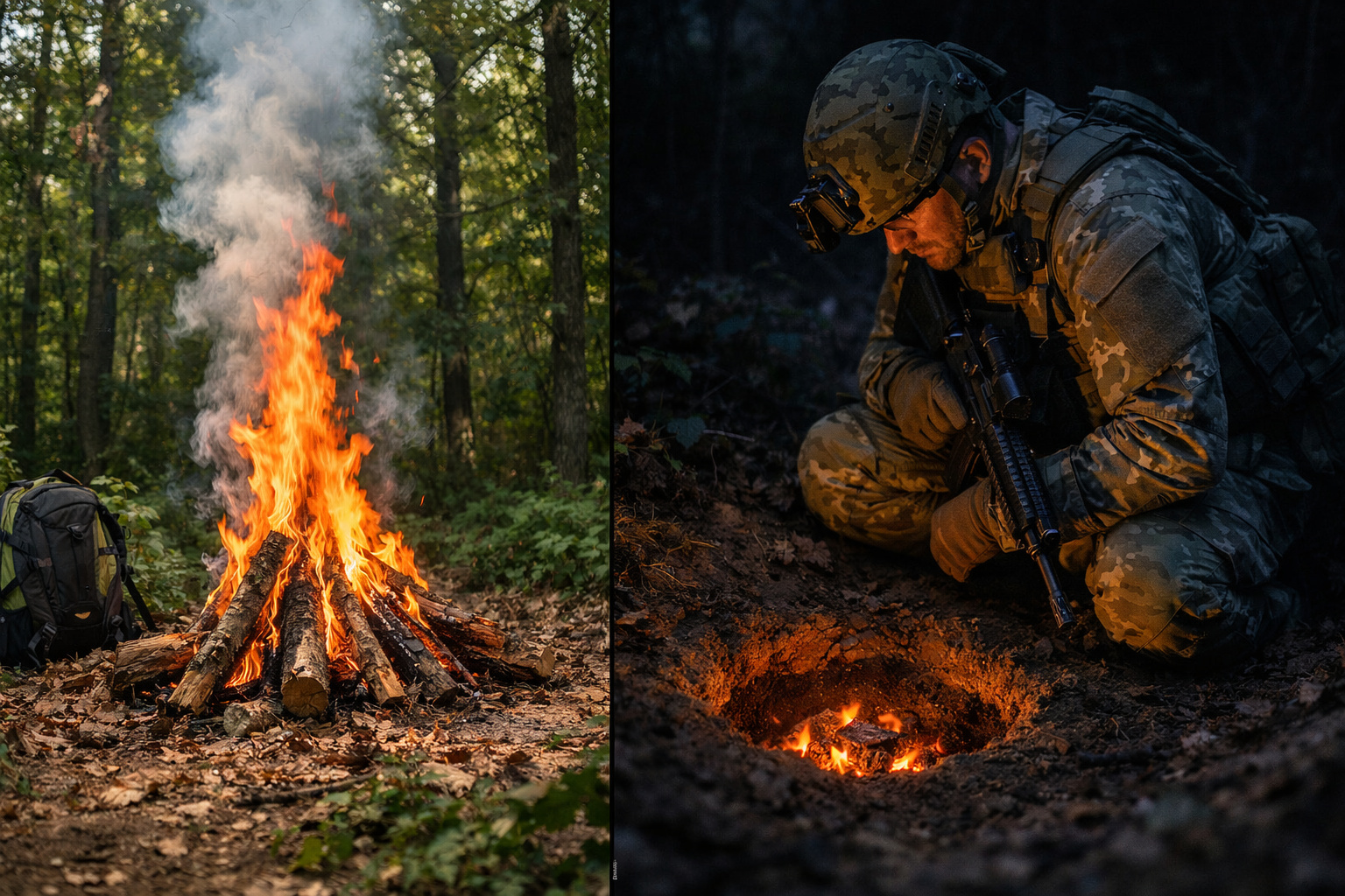 Fogueira sem fumaça construída com técnica usada por forças especiais em ambiente de selva.