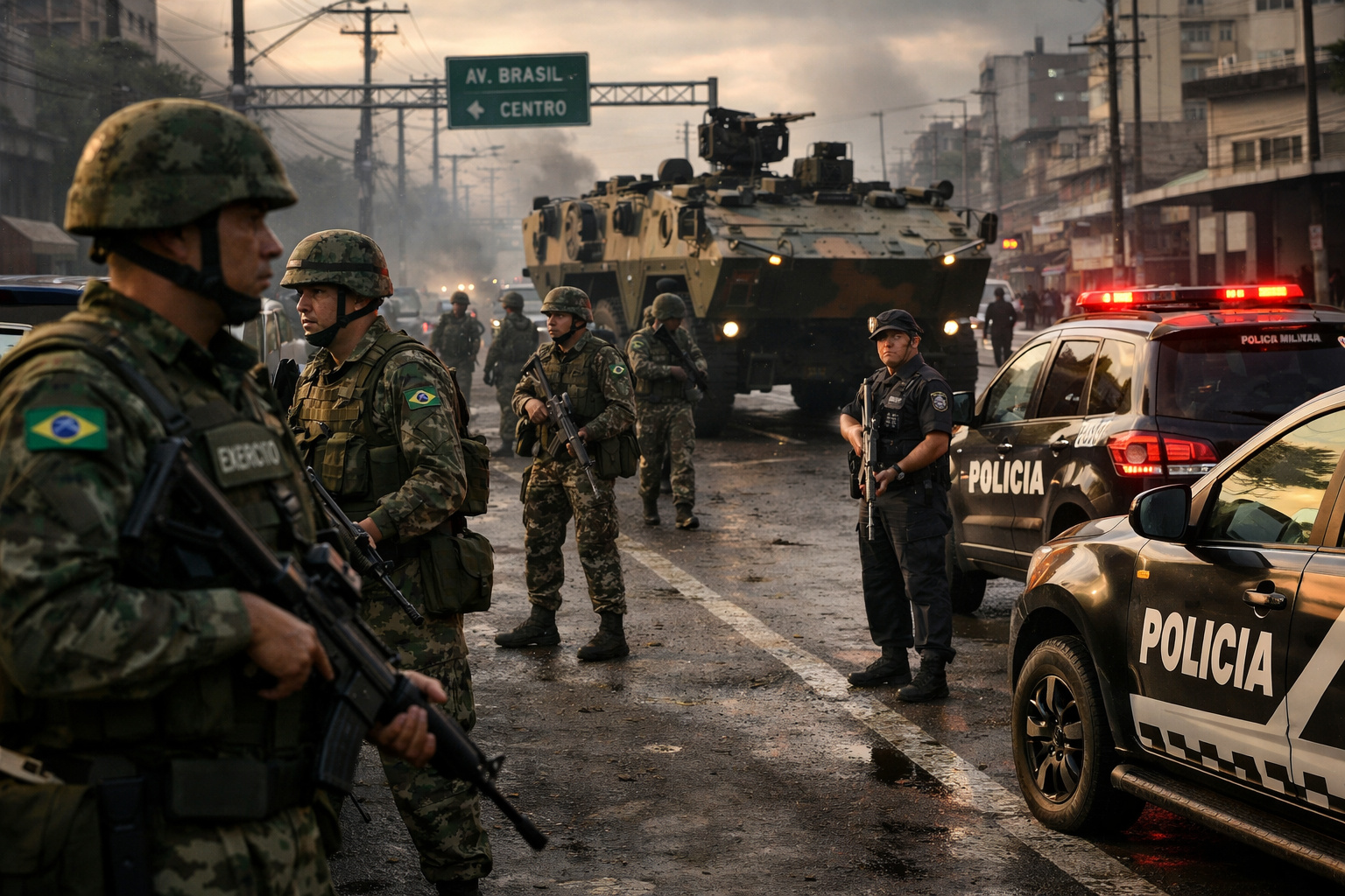 Forças Armadas do Brasil em operação contra crime organizado em cidade e rodovia.