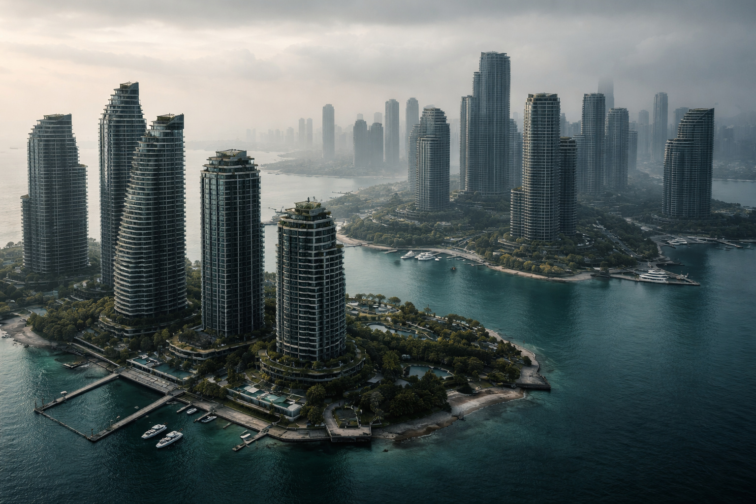 Após um investimento bilionário de mais de US$ 100 bilhões planejado para abrigar 700 mil pessoas em ilhas artificiais ao lado de Cingapura, a megacidade futurista Forest City na Malásia ficou subutilizada, completou apenas cerca de 15 % da obra e agora tenta se reinventar como zona financeira especial em meio a prédios quase vazios e desafios econômicos