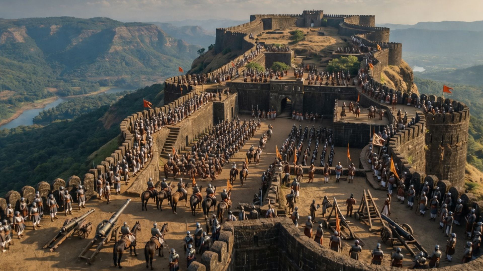 Forte de Raigad no topo das montanhas Sahyadri com escadarias íngremes e sistema defensivo integrado à rocha.