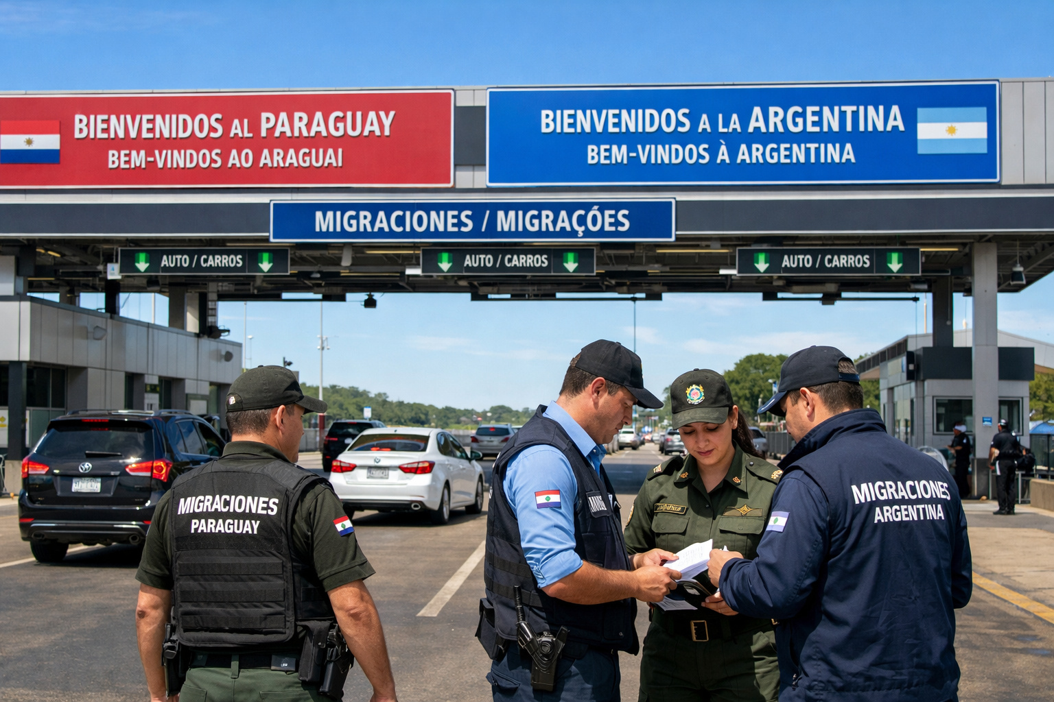 Posto de fronteira entre Paraguai e Argentina com controle migratório integrado e fluxo de veículos sem filas