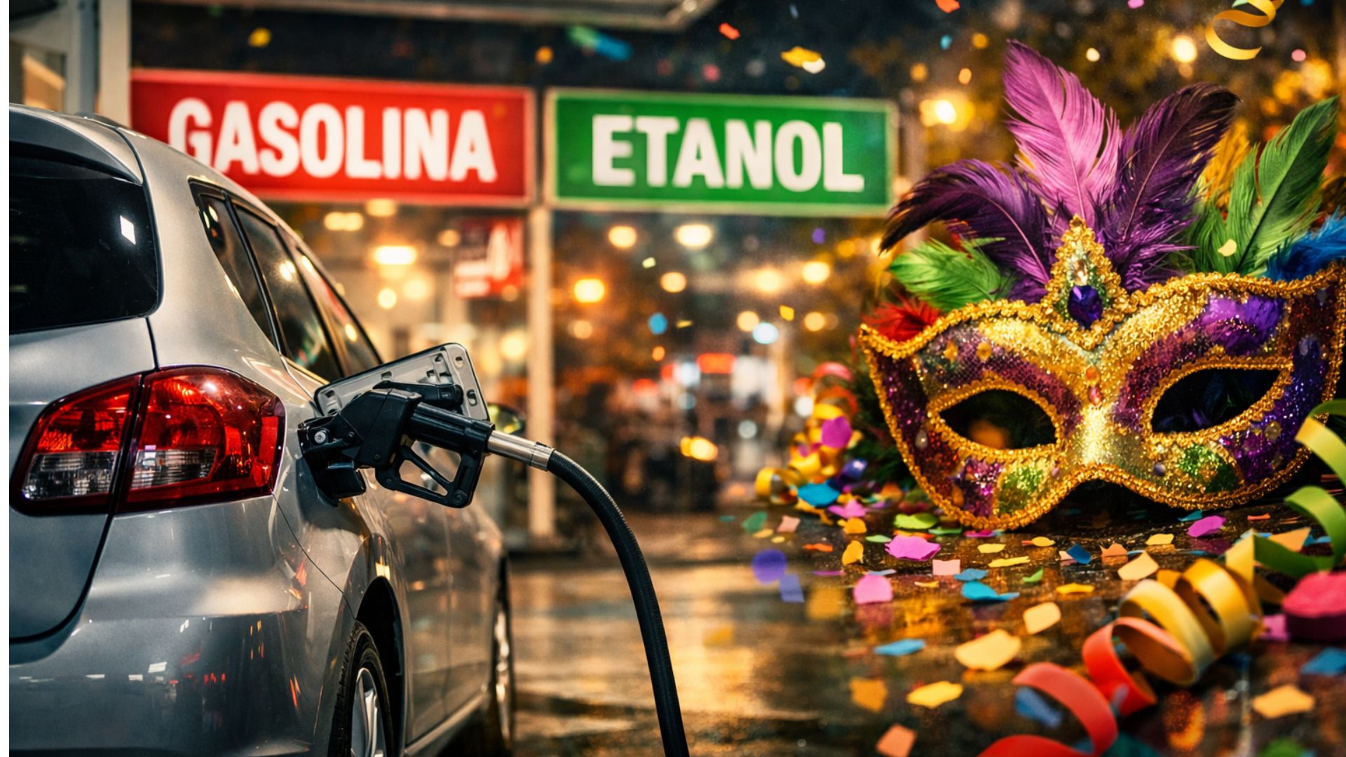 Carro abastecendo em posto de combustível com placas de gasolina e etanol ao fundo e máscara de carnaval colorida ao lado.