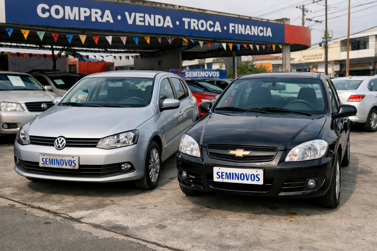 Volkswagen Gol e Chevrolet Celta em concessionária de usados