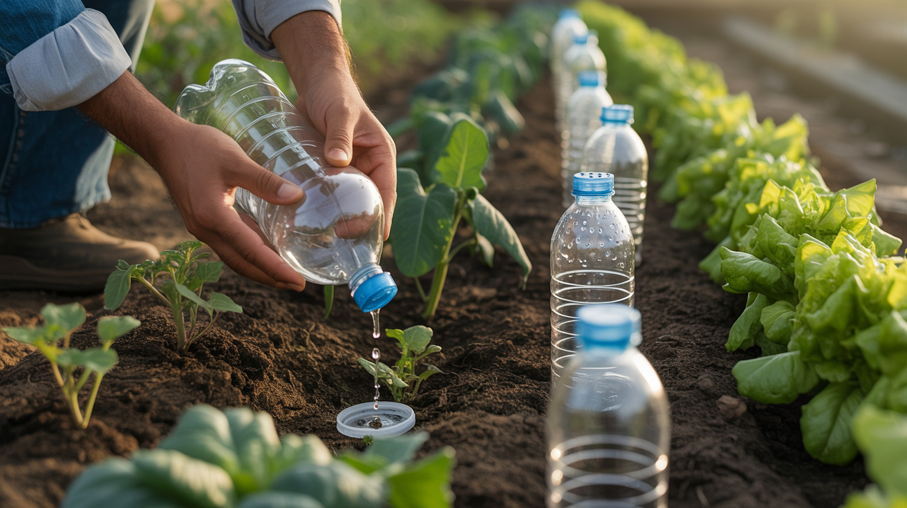 Produtores rurais começaram a furar tampas de garrafas PET, enterraram ao lado das plantas e criaram sistema de gotejamento caseiro de baixo custo que libera água direto na raiz e reduz desperdício na horta