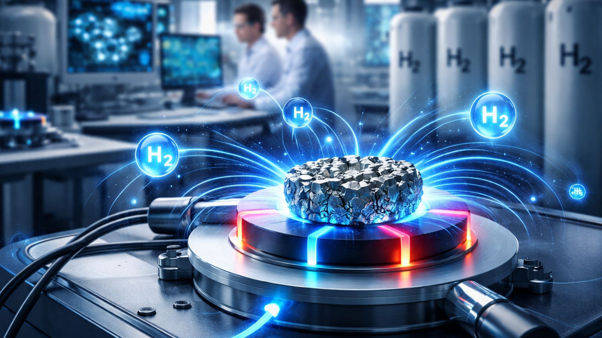 Sistema experimental em laboratório mostra liga metálica sob campo magnético atraindo moléculas de hidrogênio para estudo de armazenamento sólido.