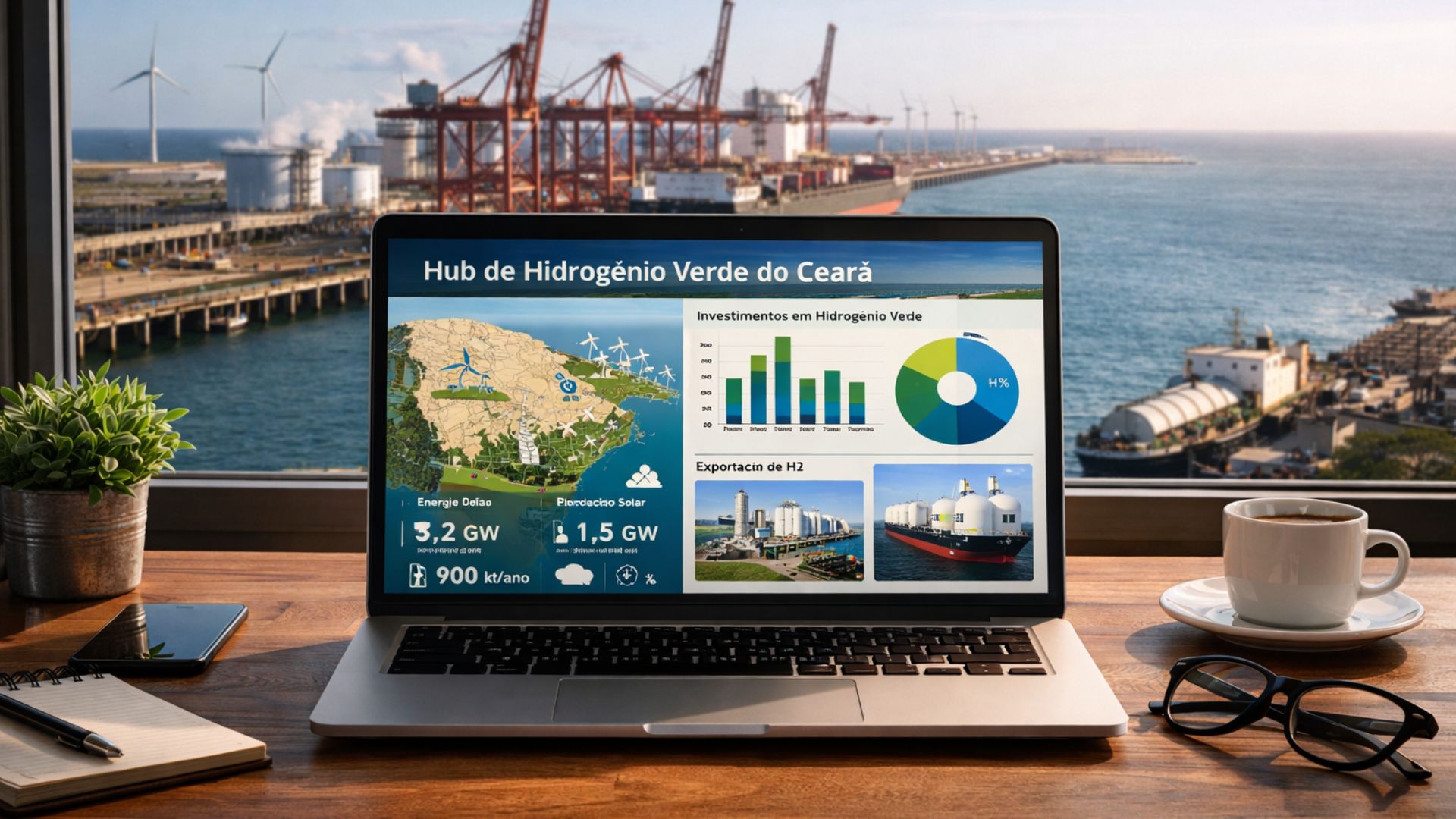 Notebook sobre mesa com tela exibindo dados de hidrogênio verde e mapas interativos, com o Porto do Pecém ao fundo no Ceará.