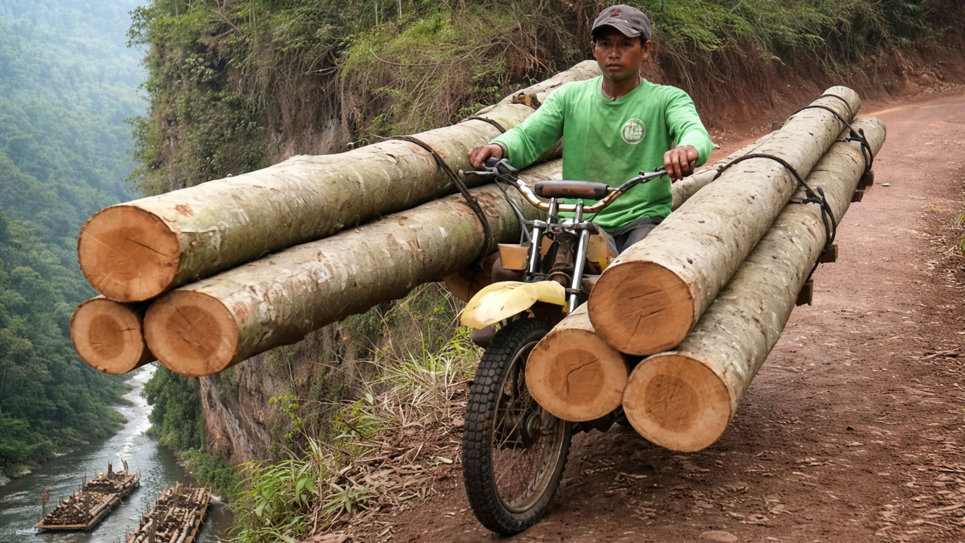 Moto artesanal transportando toras de madeira e jangadas de bambu em rio rural da Indonésia.