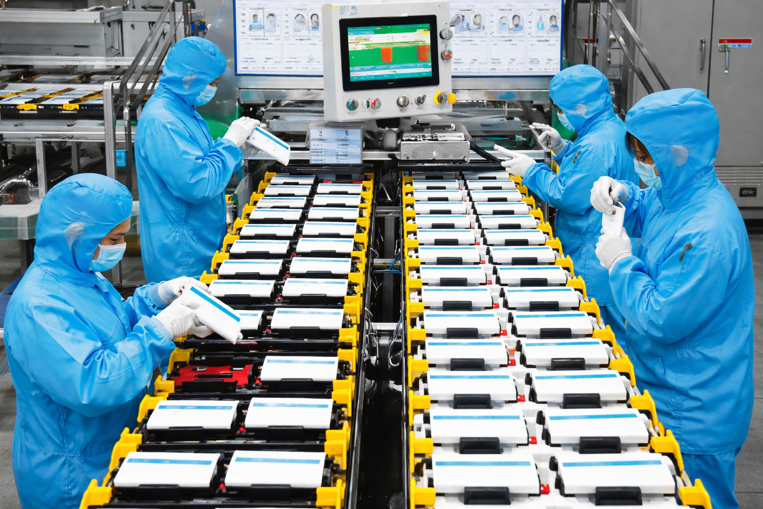 Linha de montagem de baterias com técnicos em sala limpa realizando inspeção de módulos BESS em fábrica de armazenamento de energia.