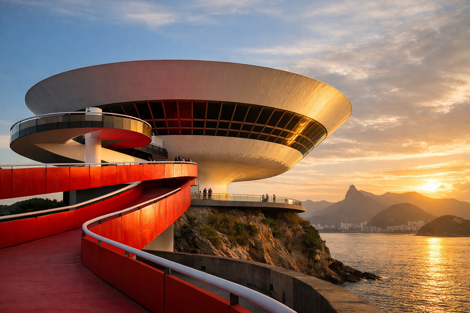 Museu de Arte Contemporânea de Niterói em formato de cálice projetado por Oscar Niemeyer com vista para a Baía de Guanabara