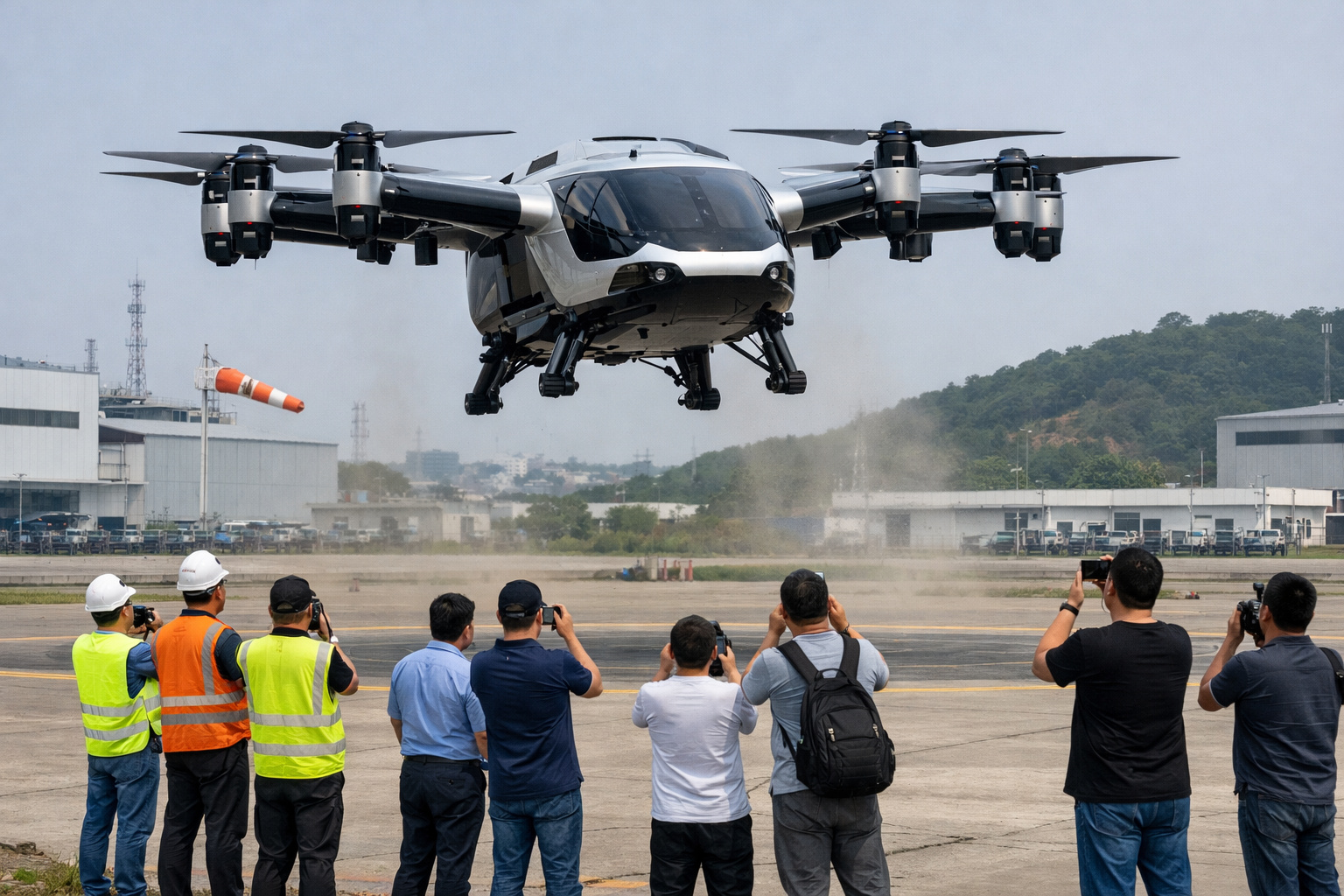 Carro voador Matrix em solo mostrando dimensões de 20 metros de envergadura