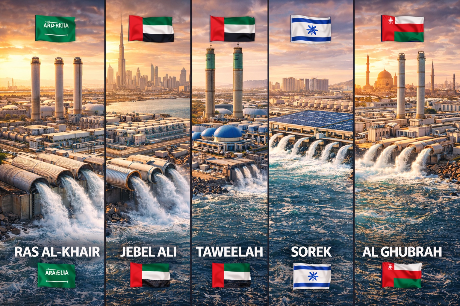 Oriente Médio despeja milhões de toneladas de água do mar em terra todos os dias: Megausinas de alta potência energética transformam a dessalinização em fonte estratégica, e em alguns países até 90% da água potável já é produzida a partir do oceano