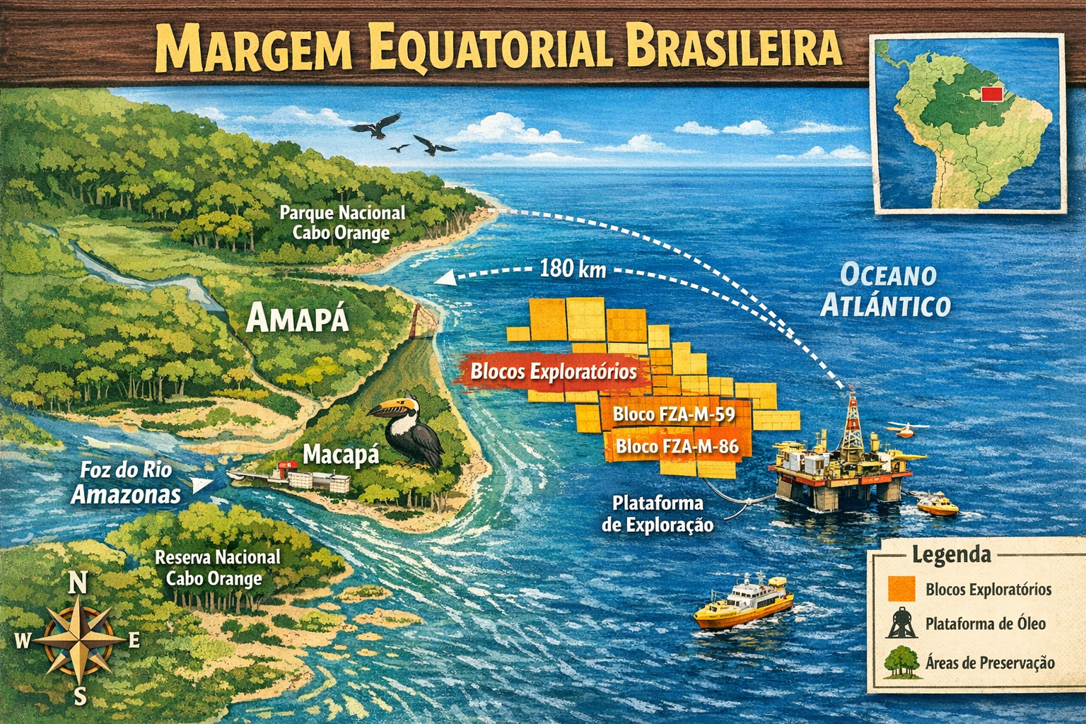 Mapa da Margem Equatorial no litoral brasileiro