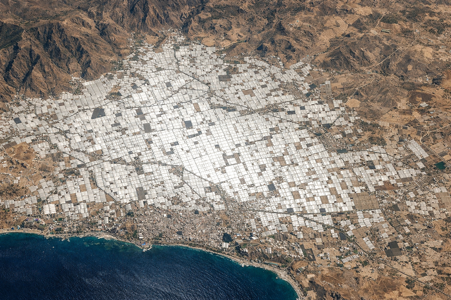 Vista do Mar de Plástico em El Ejido refletindo luz solar em imagem orbital