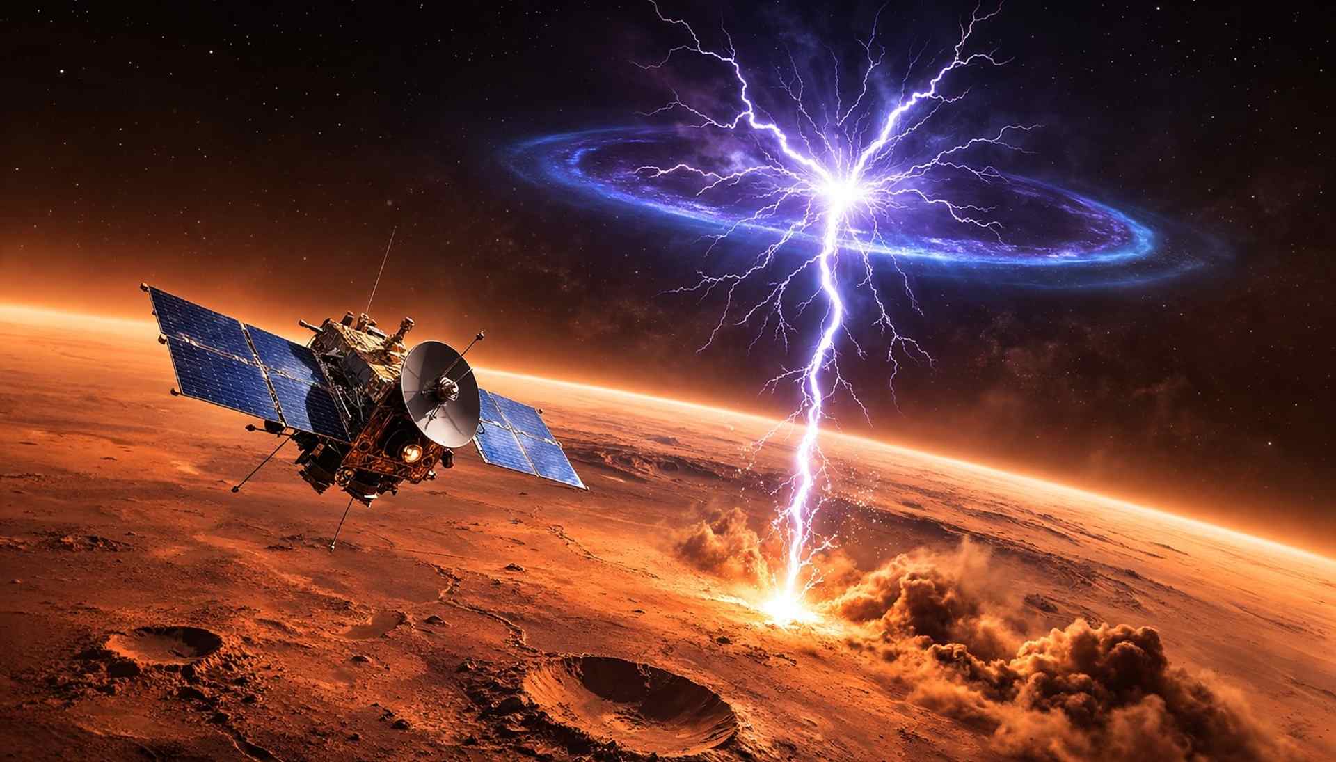 Relâmpago assobiador é detectado em Marte pela sonda MAVEN e revela descarga elétrica registrada a 349 km de altitude no planeta vermelho.