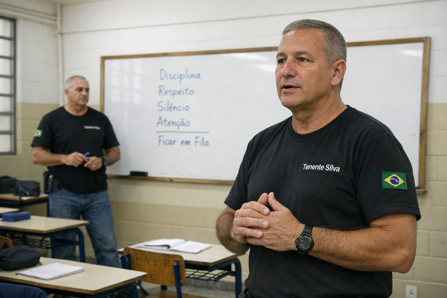 Monitor cívico-militar em escola estadual de São Paulo durante rotina escolar.